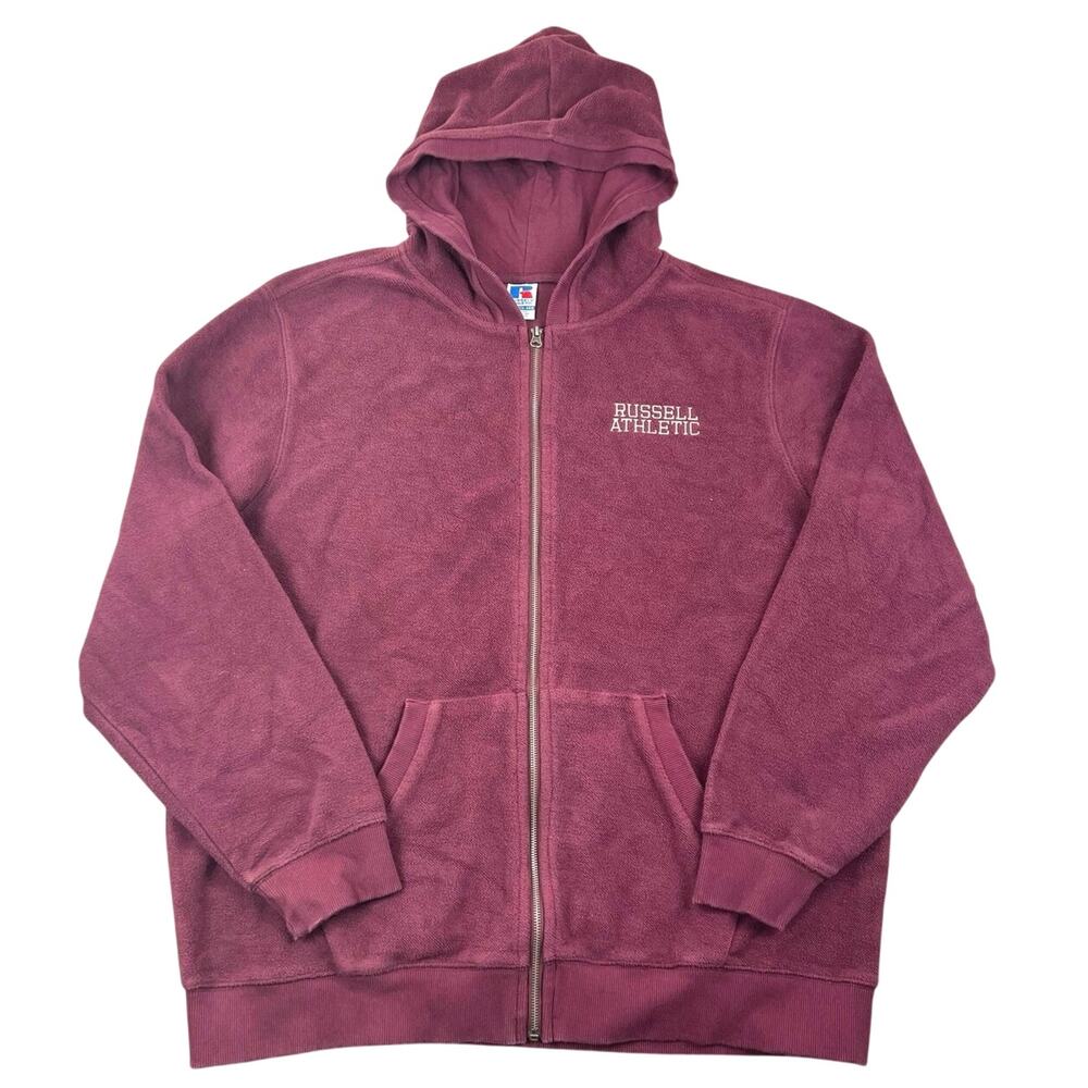 Russell Athletic Full Zip Hooded Sweatshirt Burgundy Maroon Fleece Logo 2XL